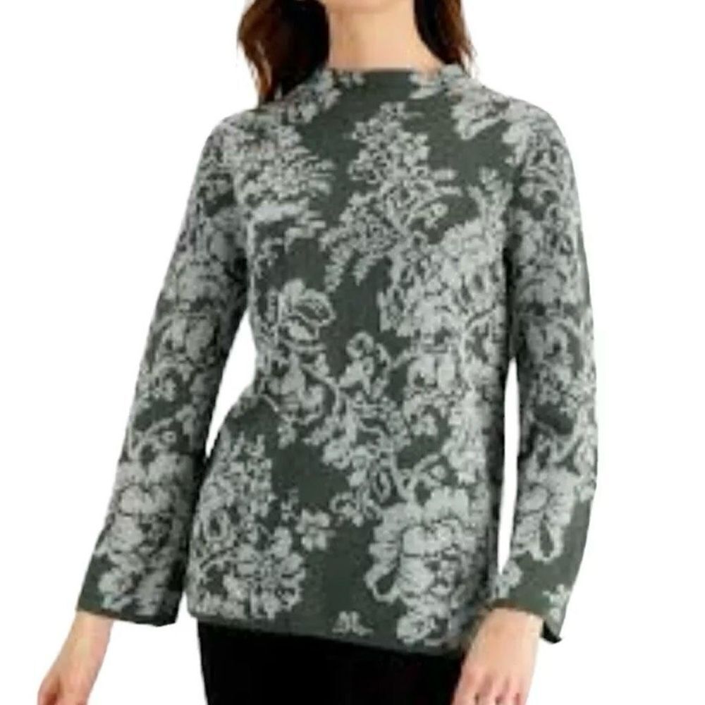 JM Collection Mock Neck Metallic Floral Sweater Women XL‎ Green Silver Holiday